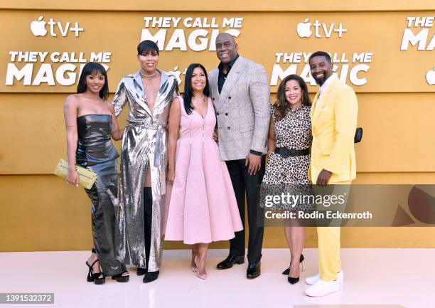 Elisa Johnson, EJ Johnson, Cookie Johnson, Magic Johnson, Lisa Johnson and Andre Johnson attend the Los Angeles premiere of Apple's "They Call Me...