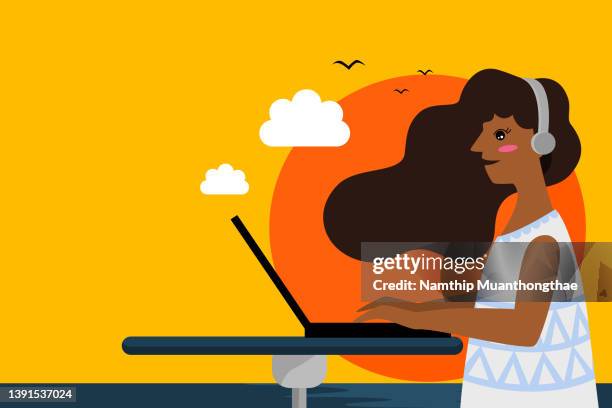 travel for work illustration concept shows the bleisure trip that a woman working during her leisure vacation at the beach that shows she relaxing and enjoying her work among the beautiful traveling destination. - media profession for women stock pictures, royalty-free photos & images