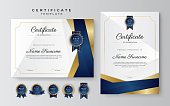 Modern elegant blue and gold certificate of achievement template with gold badge and border. Designed for diploma, award, business, university, school, and corporate.