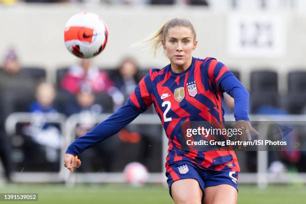 Abby Dahlkemper of the United States kicks the ball during a game between Uzbekistan and USWNT at Lower.com Field on April 9, 2022 in Columbus, Ohio.