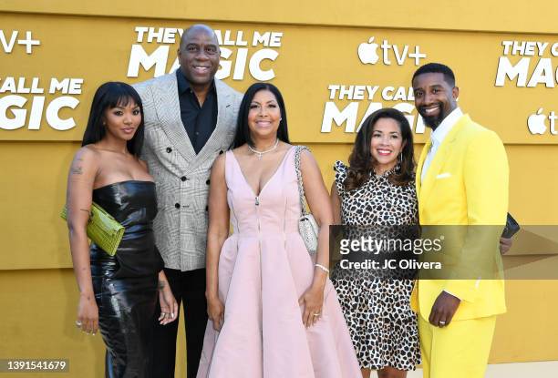 Elisa Johnson, Magic Johnson, Cookie Johnson, Lisa Johnson and Andre Johnson attend the Los Angeles premiere of Apple's "They Call Me Magic" at...