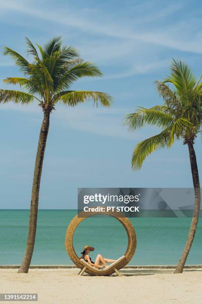 a woman in a black bikini with a hat lies in a chair shaped like a bird's nest by the beach and two coconut trees. - bali luxury stock pictures, royalty-free photos & images