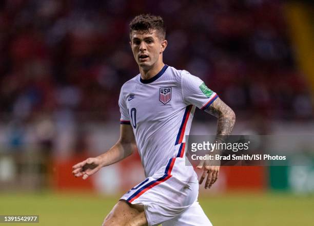 Christian Pulisic of the United States looks to the ball during a FIFA World Cup qualifier game between Costa Rica and USMNT at Estadio Nacional de...