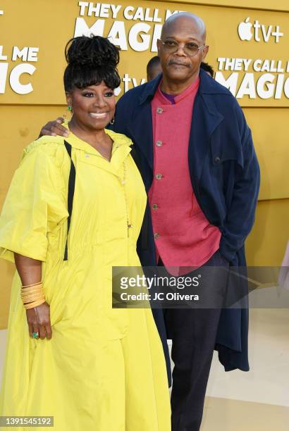 LaTanya Richardson and Samuel L. Jackson attend the Los Angeles premiere of Apple's "They Call Me Magic" at Regency Village Theatre on April 14, 2022...