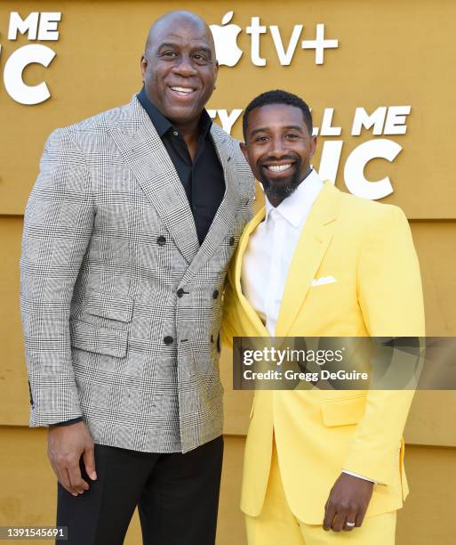 Magic Johnson and Andre Johnson attend the Los Angeles Premiere Of Apple's "They Call Me Magic" at Regency Village Theatre on April 14, 2022 in Los...