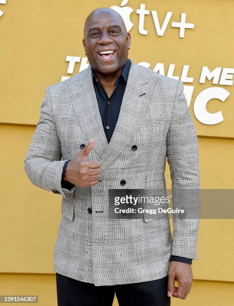 Magic Johnson attends the Los Angeles Premiere Of Apple's "They Call Me Magic" at Regency Village Theatre on April 14, 2022 in Los Angeles,...