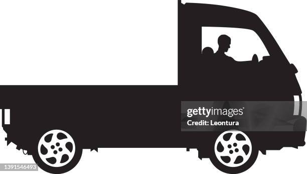 silhouette von einem lkw auf der brücke bei sonnenuntergang - trucker stock-grafiken, -clipart, -cartoons und -symbole