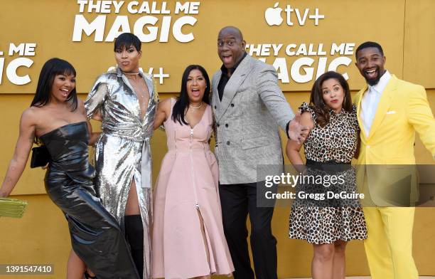 Elisa Johnson, EJ Johnson, Cookie Johnson, Magic Johnson, Lisa Johnson, and Andre Johnson attends the Los Angeles Premiere Of Apple's "They Call Me...