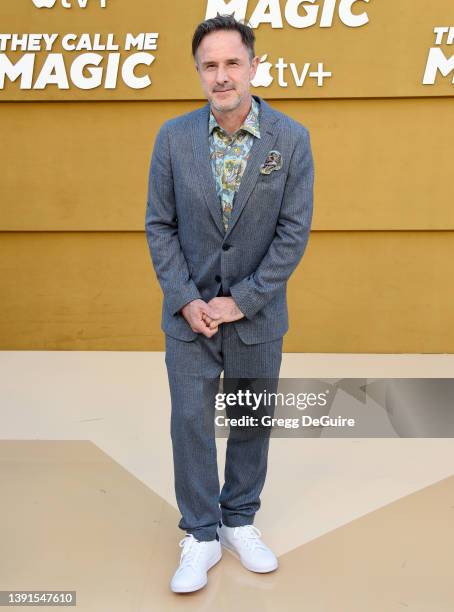 David Arquette attends the Los Angeles Premiere Of Apple's "They Call Me Magic" at Regency Village Theatre on April 14, 2022 in Los Angeles,...