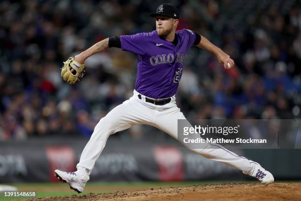 Starting pitcher Kyle Freeland of the Colorado Rockies throws against the Chicago Cubs in the fifth inning at Coors Field on April 14, 2022 in...