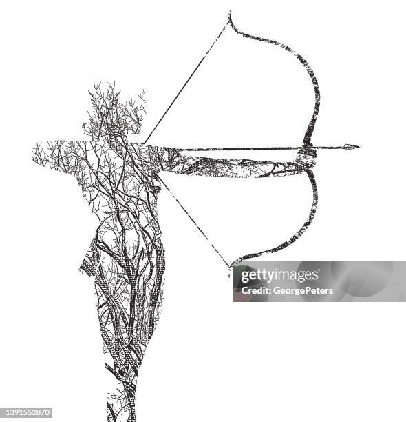 multiple exposure of a young woman, trees and bow and arrow - archery bow stock illustrations