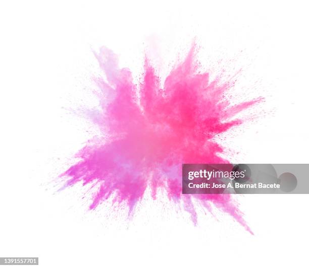 pink powder and smoke explosion on a white background. - vernice in polvere foto e immagini stock