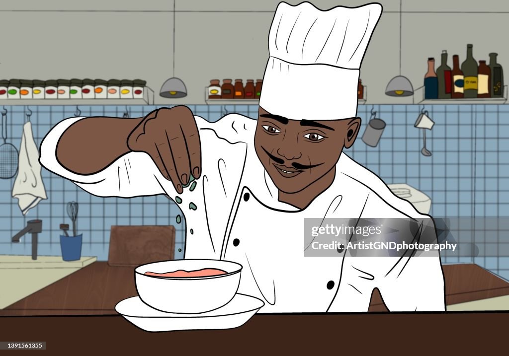 Afro american cook sprinkling spices over soup.
