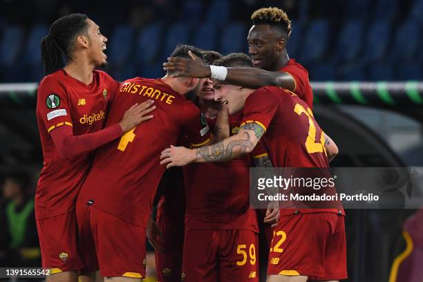 The Roma player Nicolo Zaniolo celebrating after score the goal during the match Roma v Bodo Glimt at the Stadio Olimpico. Rome , Aprli 14th, 2022