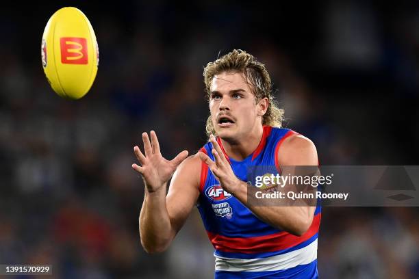 Bailey Smith of the Bulldogs marks during the round five AFL match between the North Melbourne Kangaroos and the Western Bulldogs at Marvel Stadium...