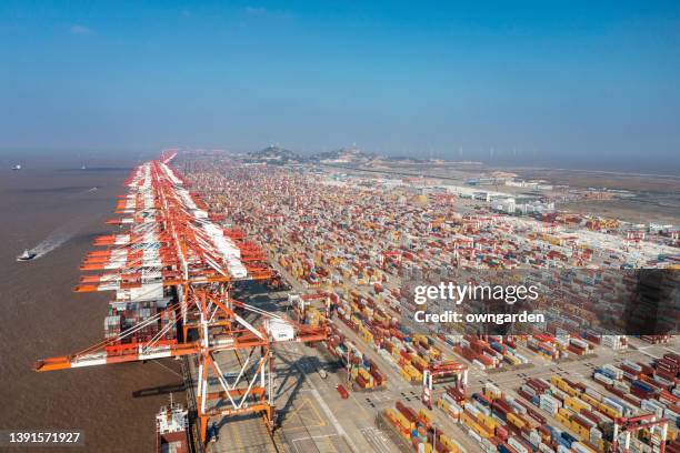 high angle of shanghai yangshan deepwater port - shanghai port stock pictures, royalty-free photos & images