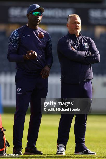 Yorkshire Interim Managing Director of Cricket Darren Gough and Head Coach Ottis Gibson in discussion during the players warm up ahead of day two of...