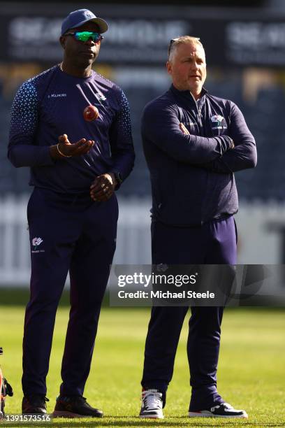 Yorkshire Interim Managing Director of Cricket Darren Gough and Head Coach Ottis Gibson in discussion during the players warm up ahead of day two of...