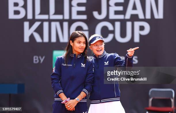 Emma Raducanu and Harriet Dart of Great Britain speak to each other prior to the Billie Jean King Cup Play-Off match between the Czech Republic and...
