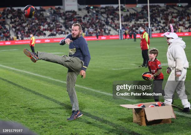 Halftime Easter Egg family race during the round four Super Rugby Pacific match between the Crusaders and the Chiefs at Orangetheory Stadium on April...