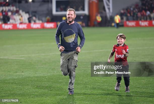 Halftime Easter Egg family race during the round four Super Rugby Pacific match between the Crusaders and the Chiefs at Orangetheory Stadium on April...