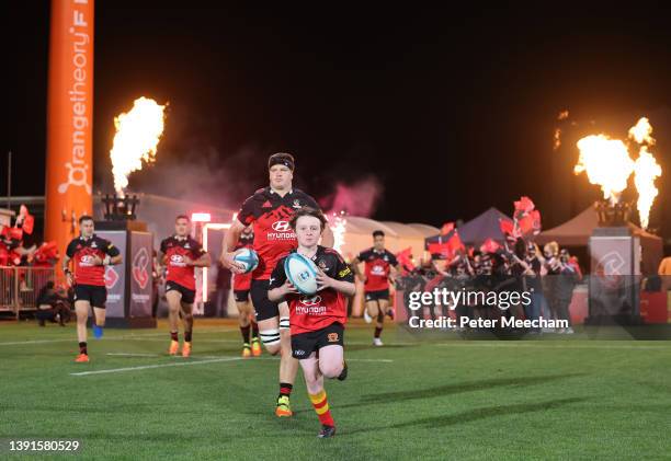 Scott Barrett from The Crusaders leads the team out during the round four Super Rugby Pacific match between the Crusaders and the Chiefs at...