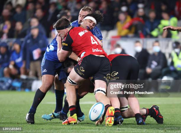 Scott Barrett from The Crusaders carges in for a high tackle on Alex Hodgman from the Blues which resulted in a red card for Barrett during the round...