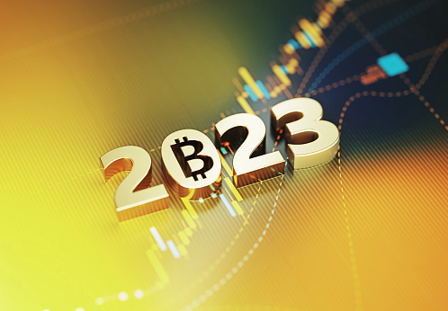 Investment And Finance Concept - Bitcoin Symbol Sitting Inside Of 2023 On Yellow Financial Graph Background