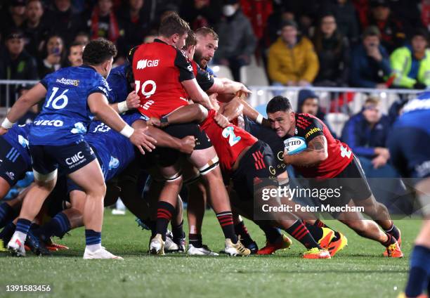 Codie Taylor from The Crusaders controls the ball at the back of a maul during the round four Super Rugby Pacific match between the Crusaders and the...