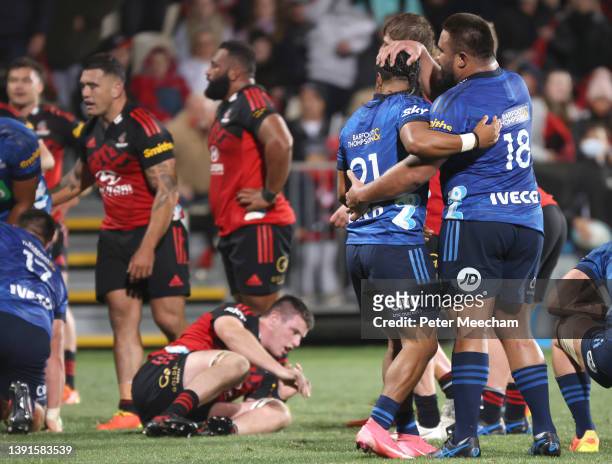 Taufa Funaki from the Blues with Nepo Laulala after the final whistle during the round four Super Rugby Pacific match between the Crusaders and the...