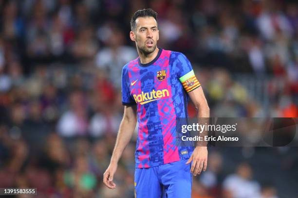 Sergio Busquets of FC Barcelona looks on during the UEFA Europa League Quarter Final Leg Two match between FC Barcelona and Eintracht Frankfurt at...