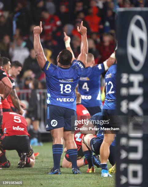 Nepo Laulala from the Blues reacts to the final whistle during the round four Super Rugby Pacific match between the Crusaders and the Chiefs at...