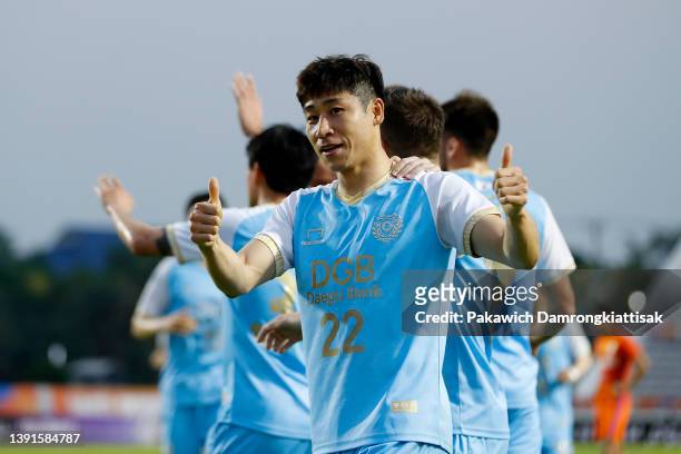 Lee Keun-ho of Daegu FC celebrates scoring his side's first goal during the AFC Champions League Group F match between Shandong Taishan and Daegu FC...