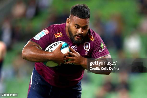 Taniela Tupou of the Reds dives over to score a try during the round nine Super Rugby Pacific match between the Melbourne Rebels and the Queensland...