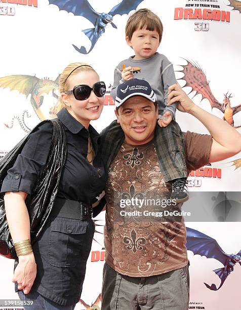 Carlos Mencia, wife Amy and son Lucas arrive at the Los Angeles Premiere of "How To Train Your Dragon" at the Gibson Amphitheatre on March 21, 2010...