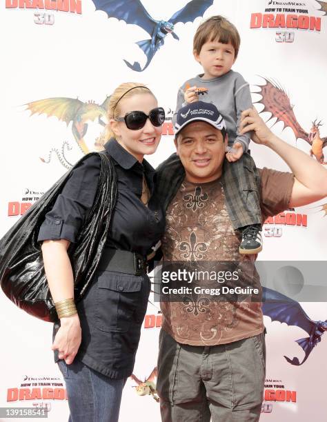 Carlos Mencia, wife Amy and son Lucas arrive at the Los Angeles Premiere of "How To Train Your Dragon" at the Gibson Amphitheatre on March 21, 2010...