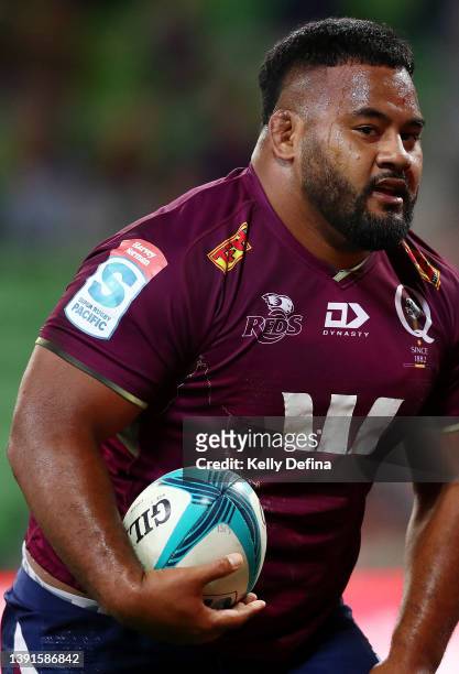Taniela Tupou of the Reds celebrates after scoring a try during the round nine Super Rugby Pacific match between the Melbourne Rebels and the...