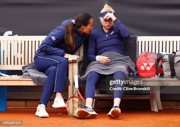 Harriet Dart of Great Britain is consoled by their captain Anne Keothavong after losing against Marketa Vondrousova the Czech Republic during the...