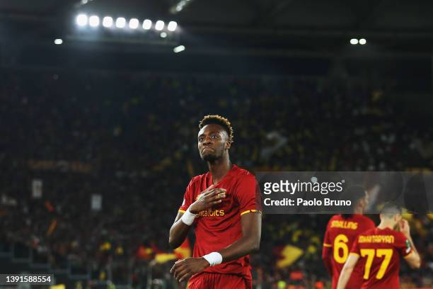 Tammy Abraham of AS Roma celebrates after scoring the opening goal during the UEFA Conference League Quarter Final leg two match between AS Roma and...