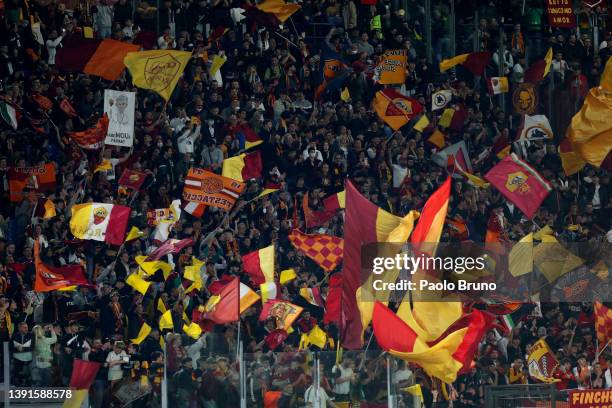 Roma fans celebrate during the UEFA Conference League Quarter Final leg two match between AS Roma and FK Bodo/Glimt at Olimpico Stadium on April 14,...