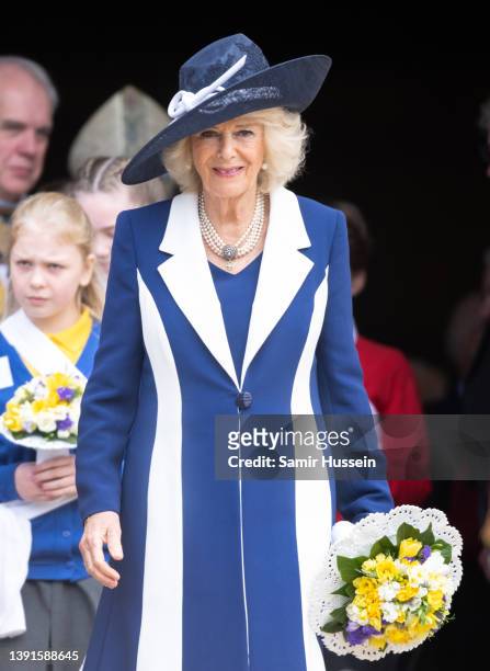 Camilla, Duchess of Cornwall attends the Royal Maundy Service at St George's Chapel on April 14, 2022 in Windsor, England. The Prince of Wales and...