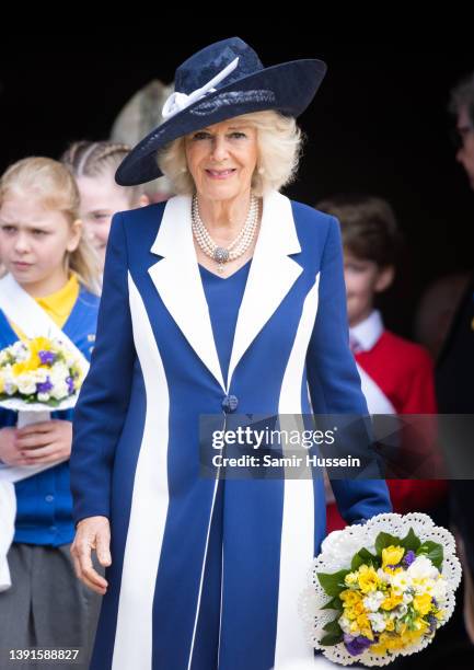 Camilla, Duchess of Cornwall attends the Royal Maundy Service at St George's Chapel on April 14, 2022 in Windsor, England. The Prince of Wales and...