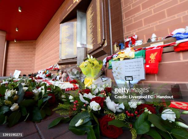 In this handout image from Liverpool FC, general view showing flowers and at the Hillsborough memorial to mark the 33rd Anniversary of the...