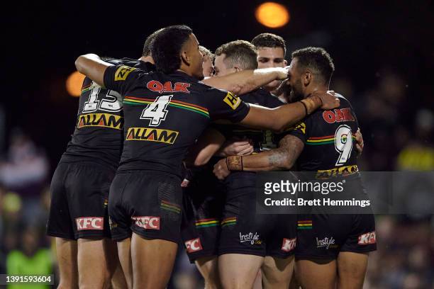 Liam Martin of the Panthers celebrates scoring a try during the round six NRL match between the Penrith Panthers and the Brisbane Broncos at BlueBet...