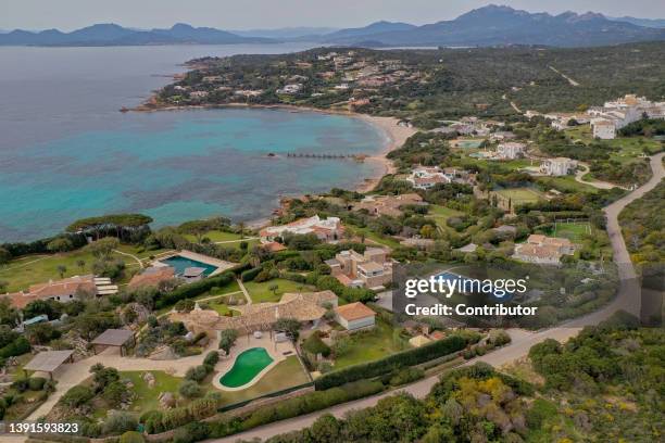 An aerial view of one of Russian oligarch Alisher Usmanov's prestigious villas on the Costa Smeralda in Sardinia that were under renovation before...