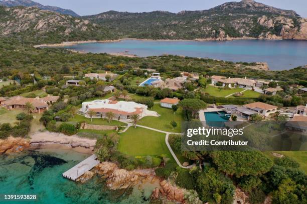 An aerial view of one of Russian oligarch Alisher Usmanov's prestigious villas on the Costa Smeralda in Sardinia that were under renovation before...