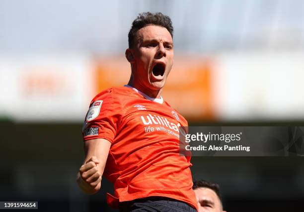 Kal Naismith of Luton Town celebrates after scoring their team's first goal during the Sky Bet Championship match between Luton Town and Nottingham...