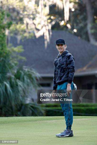 Morgan Hoffmann reacts after missing a putt on the 11th green during the second round of the RBC Heritage at Harbor Town Golf Links on April 15, 2022...