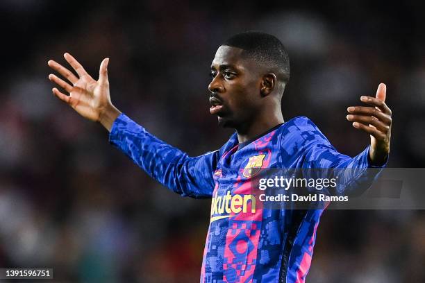 Ousmane Dembele of FC Barcelona looks on during the UEFA Europa League Quarter Final Leg Two match between FC Barcelona and Eintracht Frankfurt at...