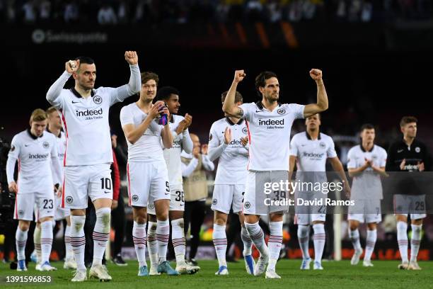 Filip Kostić and Gonçalo Paciência of Eintracht Frankfurt celebrate after the UEFA Europa League Quarter Final Leg Two match between FC Barcelona and...